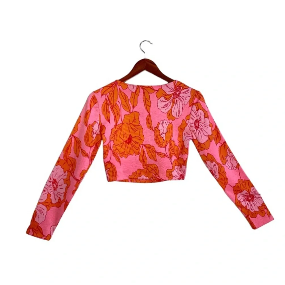Zara Pink/Orange Floral Long Sleeve Sweetheart Neckline Bloggers Fav Cropped Top